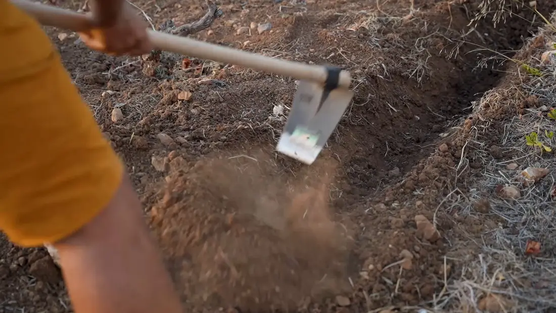 Close-up of a hoe turning dry red soil